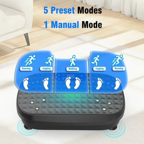 Vibration Plate Exercise Machine For Full Body Training And Muscle Activation Fitness Platform with 5 Modes display and manual options.