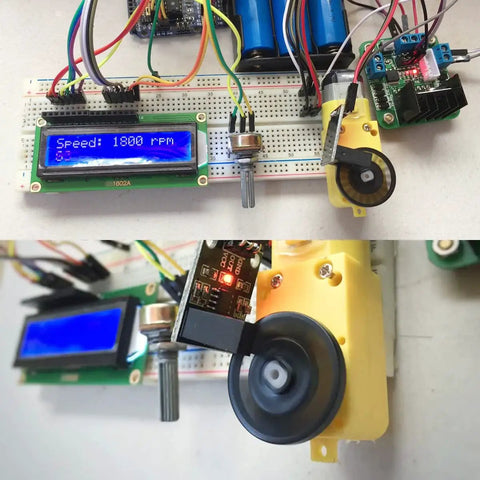 Close-up of LM393 H2010 infrared photoelectric sensor module with optical slot, 5V DC components, and LCD display showing RPM reading.