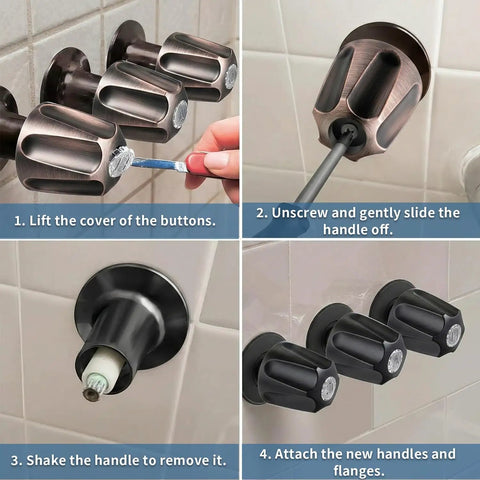 Instructions for installing Matte Black Tub And Shower Trim Kit With Diverter Spout, 3-Piece Shower Knob Replacement shown step by step