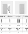 Ready To Paint White Primer Raised Two Panel Sliding Barn Door With Hella Smooth Soft Close Hardware dimensions chart showing sizes.