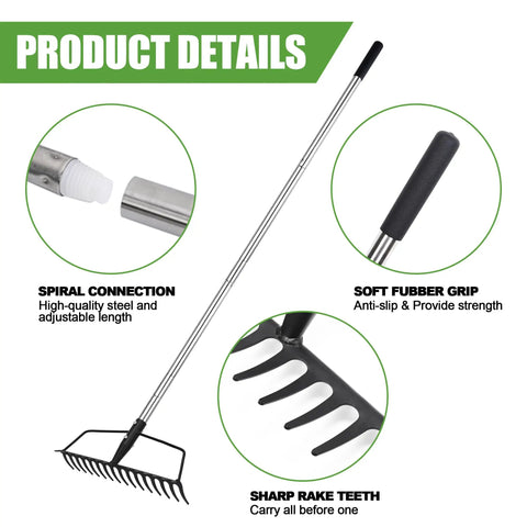 Heavy Duty 16 Tine Bow Rake With Adjustable Stainless Steel Handle, rubber grip, and sharp rake teeth with product details
