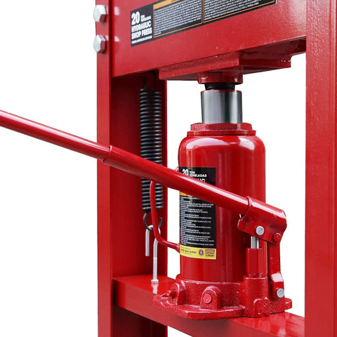 Heavy Duty 20 Ton H Frame Hydraulic Shop Press Shop Dog close-up of hydraulic jack and piston for garage projects.