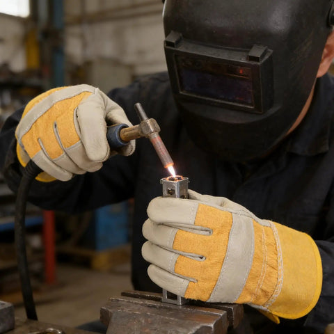 Worker using Tough As Nails Cowhide Split Finger Welding Gloves For Men, Heat Resistant Yellow Work Gloves for welding tasks.