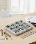Stainless Steel Hex Head Bolts Nuts And Washers Kit With SAE And Metric Fasteners for auto repair and machinery on desk with tools