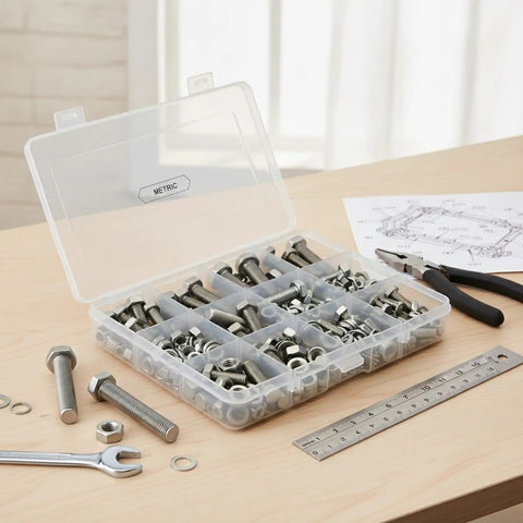 Stainless Steel Hex Head Bolts Nuts And Washers Kit With SAE And Metric Fasteners for auto repair and machinery on desk with tools