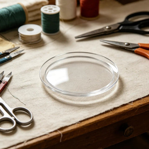 KT6808 Compatible Jewelry Tumbler Lid Transparent Round Barrel Cover on a crafting table with scissors and thread.
