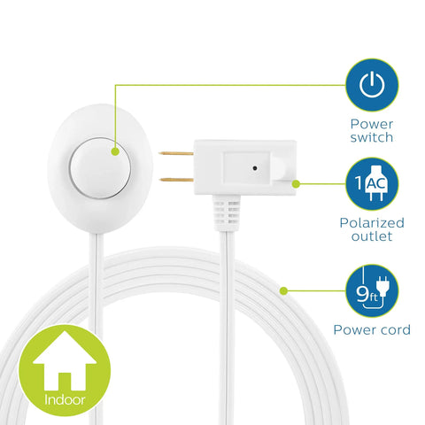 Plug In Footswitch With 9 Foot Flat Plug Extension Cord For 1 Outlet Convenience Easy Flip On Off Switch Lets You Control Holiday Lights From Table Or Floor 120 Volt White