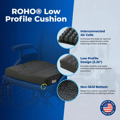 ROHO Low Profile Air Cell Wheelchair Cushion Adjustable Inflatable Seat Pad 16-17 Inch with interconnected air cells and non-skid bottom.