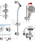 Rainfall Shower Head With Handheld Spray No Drill 26 Inch Adjustable Height Slider Bar High Pressure Dual Shower Head Set 3 Way Diverter For Easy Reach 5 Foot Hose Brushed Nickel Finish with installation methods diagram.