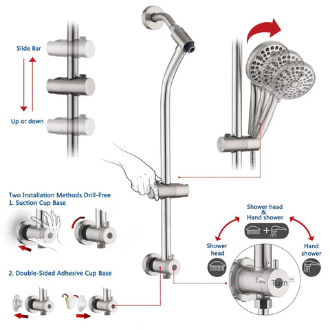 Rainfall Shower Head With Handheld Spray No Drill 26 Inch Adjustable Height Slider Bar High Pressure Dual Shower Head Set 3 Way Diverter For Easy Reach 5 Foot Hose Brushed Nickel Finish with installation methods diagram.