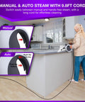 Quick Heat Handheld Steam Cleaner Includes Nine Piece Accessory Kit showing user in kitchen switching to auto steam mode.