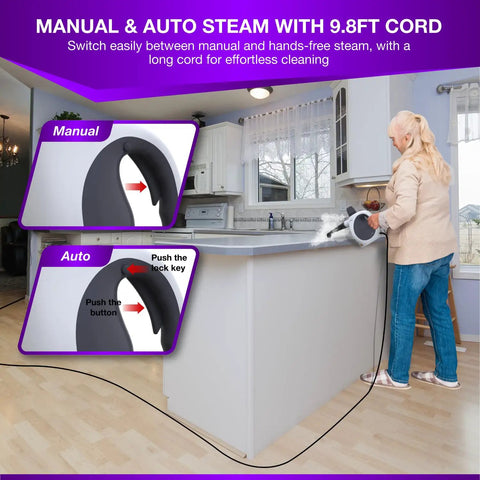 Quick Heat Handheld Steam Cleaner Includes Nine Piece Accessory Kit showing user in kitchen switching to auto steam mode.