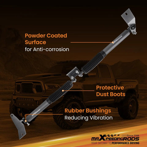 Dual Steering Stabilizer For Dodge Ram 2500 3500 4WD With Two Inch Lift G1 Version, powder coated steel, dusty trail backdrop