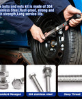 798 Piece Stainless Steel Hex Bolts And Nuts Assortment Kit With Flat And Lock Washers Includes 1/4 20, 5/16 18, 3/8 16, 1/2 13 Bolts And Nuts In Lengths From 1/2 Inch To 2 1/2 Inches Heavy Duty Pro Grade Hardware Set For Home And Garage Projects. Stainless steel hex bolts and nuts installed on a car wheel