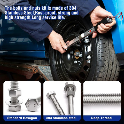 798 Piece Stainless Steel Hex Bolts And Nuts Assortment Kit With Flat And Lock Washers Includes 1/4 20, 5/16 18, 3/8 16, 1/2 13 Bolts And Nuts In Lengths From 1/2 Inch To 2 1/2 Inches Heavy Duty Pro Grade Hardware Set For Home And Garage Projects. Stainless steel hex bolts and nuts installed on a car wheel