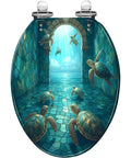 Elongated Resin Toilet Seat for Bathroom featuring sea turtles in a vivid underwater scene, measuring 14.5" x 18.5".