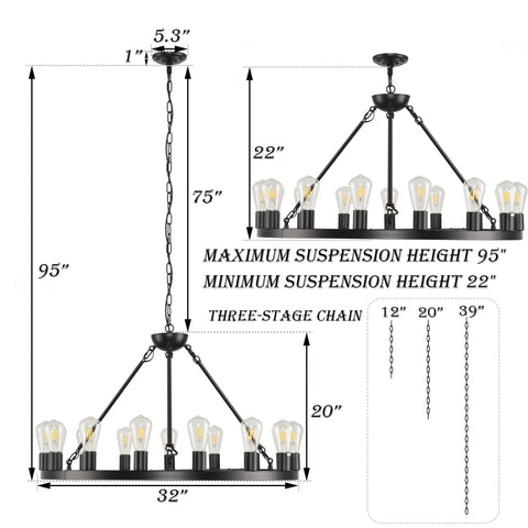 Diagram showing dimensions of 18-Light Sputnik Chandeliers Black Modern Semi Flush Mount Ceiling Light Fixture With Adjustable Height Hanging Lamps For Living Room Dining Room Island Kitchen Bedroom Hallway