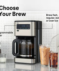 PureFlavor 14 Cup Programmable Coffee Maker With Lightning Fast Brew Touch Display Brew Over Ice Mode Flavor Carafe BrewChoice Plus And Adjustable Warm Plate on kitchen counter