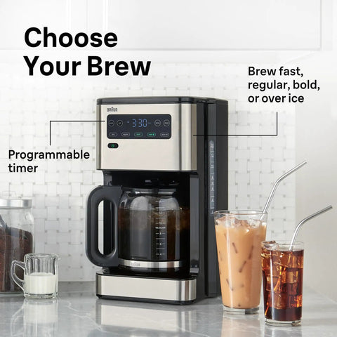 PureFlavor 14 Cup Programmable Coffee Maker With Lightning Fast Brew Touch Display Brew Over Ice Mode Flavor Carafe BrewChoice Plus And Adjustable Warm Plate on kitchen counter