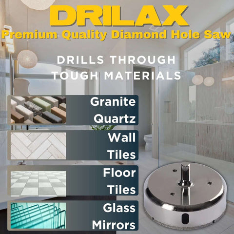 Drilax 4-1/2-inch Diamond Hole Saw with Guide, chrome metal, displayed in bathroom setting