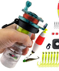 Hand holding Grab And Go Pocket Sized Fishing Rod Kit All In One Survival Gear For Hiking Camping Biking And Road Trips, with accessories