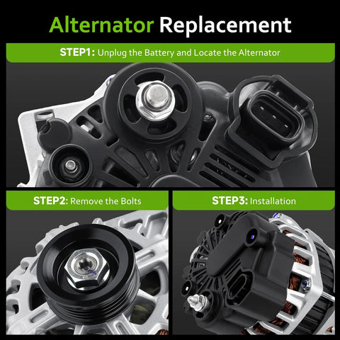 Durable High Output Alternator Replacement Fits 2007 2012 Hyundai Elantra 2.0L L4 2010 2011 Kia Soul 2.0L L4 And 2007 2009 Kia Spectra And Spectra5 2.0L L4 Direct Fit Easy Install Plug And Play With 11311N 211311 3730023650. Installation steps of alternator replacement showing parts and process.