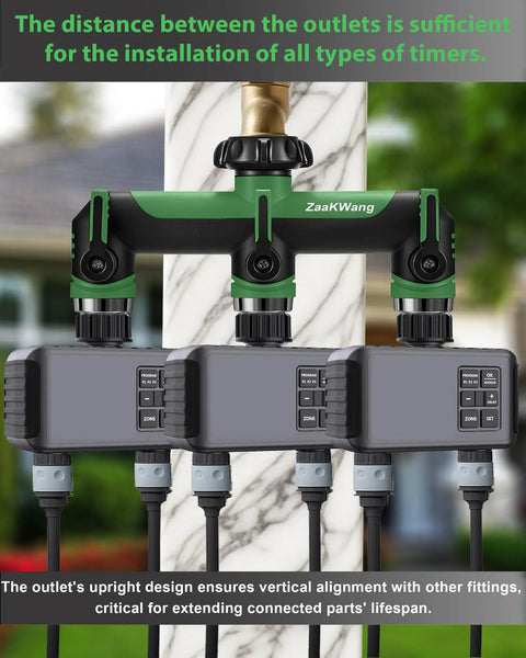 Heavy Duty Three Way Garden Hose Splitter With Shutoff Valve No Fuss And Three Quarter Inch GHT Threads Durable ABS With Metal Inlets And Outlets T Adapter Connector Outdoor Faucet Splitter Leak Free Easy To Use Green attached to three hose timers