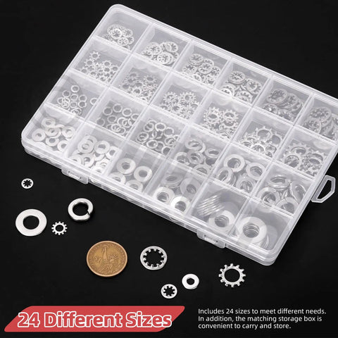 400 Piece Monster 304 Stainless Steel External Star Washers Internal Serrated Lock Washers Split Washer Toolkit with 24 sizes.