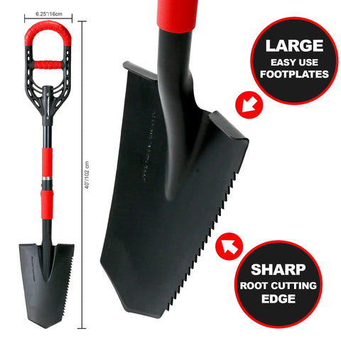 Multi Digger Garden Spade With Reinforced Fiberglass Handle, Lightweight Arrow Head Shovel, showing root saw stump cutter detail