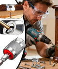 Man using Hex Quick Change Drill Chuck with 3 Jaw Grip Hardened Steel Build Quick Lock Shank for Fast Bit Swaps in home woodworking.