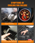 Symptoms of cooling fan failure, showing engine overheating, temperature gauge, air conditioning issues, and technician examining the engine.