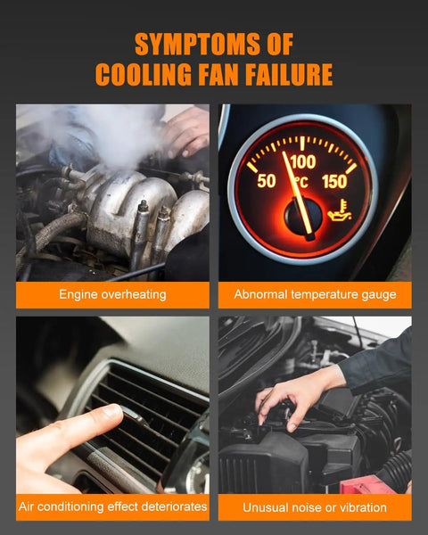 Symptoms of cooling fan failure, showing engine overheating, temperature gauge, air conditioning issues, and technician examining the engine.