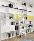 Sliding Ladder Track Kit For Library And Loft Quiet Smooth Glide Barn Door Hardware shown in white installed on a bookshelf