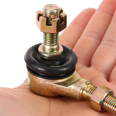 Close-up of handheld M10 tie rod end ball joint from Two Pairs M10 Tie Rod End Ball Joint Kit For Go Karts And ATVs, Heavy Duty Iron Construction, No Tools Needed Bolt-On Install, Ultra Durable Steering Upgrade For Racing Quads And Dirt Bikes
