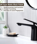 Matte Black Bathroom Sink Faucet With Single Handle, Deck Mount 1 Hole, Brass Body, Ceramic Disc Valve on white basin