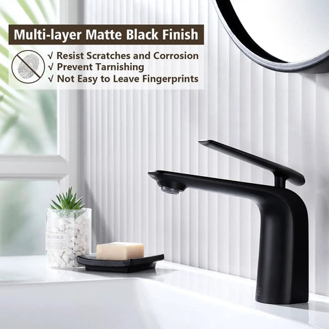 Matte Black Bathroom Sink Faucet With Single Handle, Deck Mount 1 Hole, Brass Body, Ceramic Disc Valve on white basin