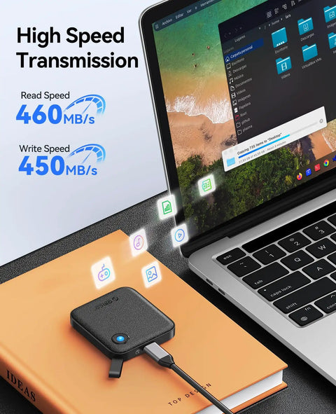 UltraFast 256GB External SSD With 2 In 1 USB C Cable, Up To 460MB/s Transfer, connected to laptop on desk