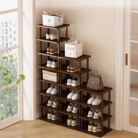 Slim 5 Tier Bamboo Shoe Rack For Small Spaces Tall Narrow Organizer in entryway, neatly stacked, eco-friendly bamboo design.