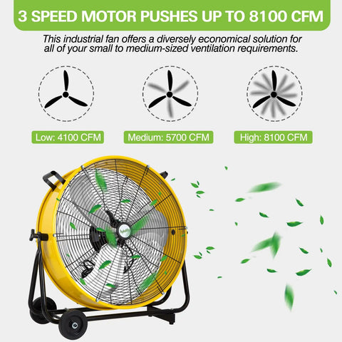 24 Inch High Velocity Industrial Drum Fan with 3 speeds, yellow finish, delivering up to 8100 CFM, for warehouse and garage use.