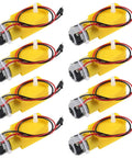 Multiple yellow dual shaft DC motors with magnetic gearbox for DIY Arduino robots and smart car projects, 3V to 6V, gear reduction 1:48.