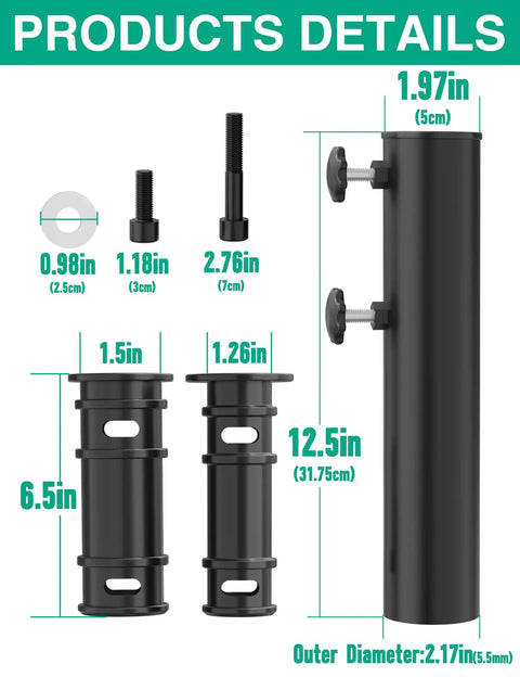 Universal Umbrella Pole Mount Tube And Base Replacement Parts Set measurements and components displayed.