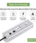 60W Waterproof LED Driver Power Supply IP67 Transformer with safety features and labels, 100 to 265V AC to 12V DC Output