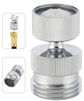 Swivel Faucet Adapter Kit, Solid Brass 3/4 Inch Garden Hose Adapter With Aerator, 360 Degree Kitchen Sink Faucet Aerator Adapter For Female And Male To Male, Chrome, shown in silver swivel connector and threaded ends