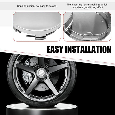 Close-up of Pack Of Four Universal Car Wheel Center Hub Covers Snap On Silver Rim Caps with easy installation features.