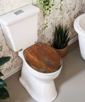 Round rusty metal Toilet Seat on a white toilet in a modern bathroom, featuring durable construction and soft-close hinge.