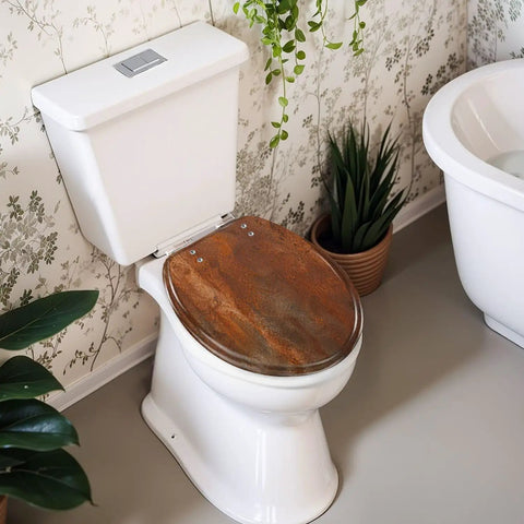 Round rusty metal Toilet Seat on a white toilet in a modern bathroom, featuring durable construction and soft-close hinge.