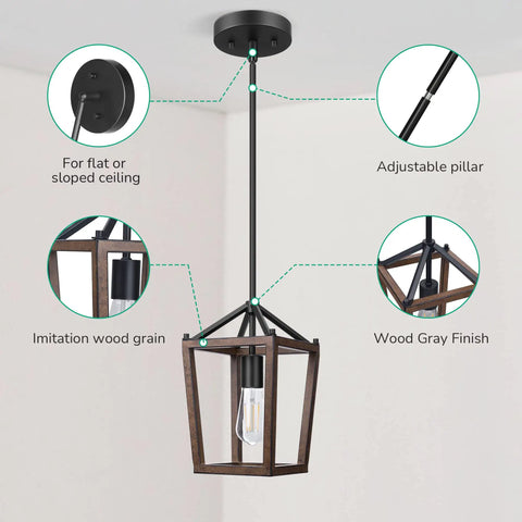 Farmhouse Pendant Light For Kitchen Island One Light Rustic Wood Cage Fixture With Brown Finish Adjustable Height Pendant
