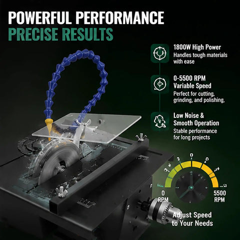 1800W Bench Lapidary Saw Kickass Rock Polisher With 5500Rpm Copper Motor showing adjustable angle guard and flexible shaft for stone polishing.