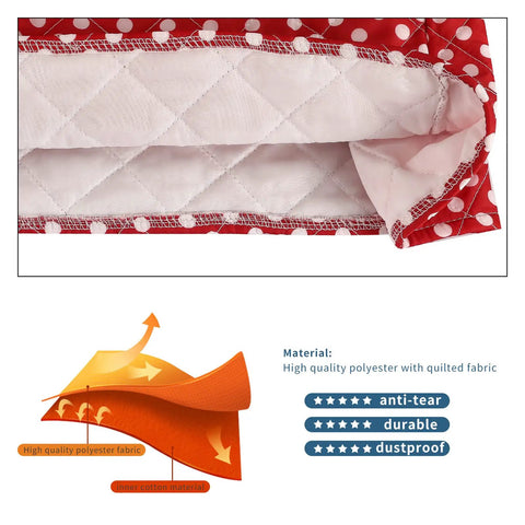 Durable Quilt Stand Mixer Cover showing quilted polyester fabric with anti-tear, durable, dustproof material for 6 to 8 quart mixers.