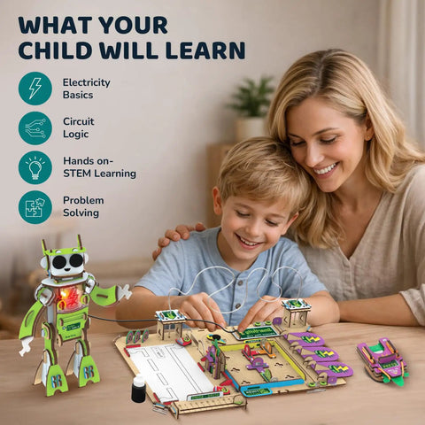 Electricity Science Kit For Kids 8 To 14 Lets Them Build Volt E The DIY Electric Robot With Lights And Real Sounds Learn Circuits And Electronics Kid Friendly Safe Hands On STEM Learning For Curious Makers, child and mother assembling robot